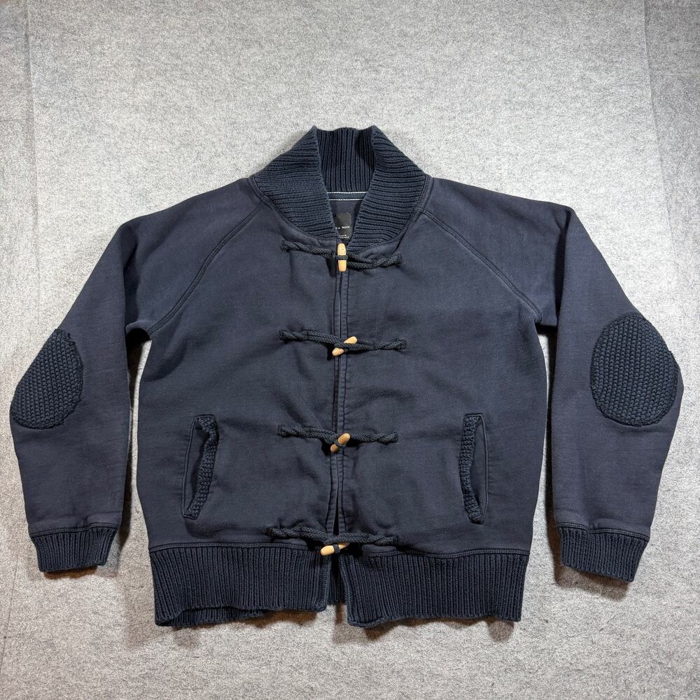 Zara Man Cardigan Mens XL Navy Toggle Shawl Collar Elbow Patches Fall Preppy